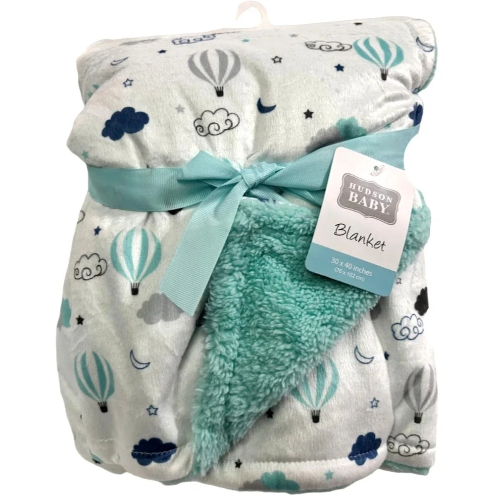 Hudson Baby Aqua Blue Sherpa Hot Air‎ Balloon Blanket Soft Lovey Unisex Clouds